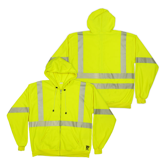 Lime High Visibility Hooded Zipper Sweatshirt made from 10.2 oz Fleece with 3M Scotchlite FR Comfort Trim reflective material (#9753-LY-3510)