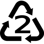 High-Density Polyethylene (HDPE) Resin Identifier Code (RIC), 3 solid black arrows that cycle clockwise to form a triangle enclosing the number 2