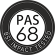 The PAS68 BSI Impact Tested logo, PAS 68 surrounded by 3 black circles with text reading 'BSI IMPACT TESTED' inside the middle circle,
