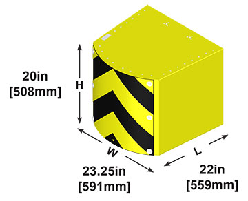 A diagram showing the Delta TL-2+ Nose crash module from an angle with text displaying Height, Width, and Length Dimensions. Height: 20in (508mm); Width: 23.25in (591mm); Length: 22in (559mm).