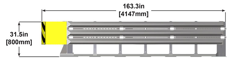 A diagram showing the Delta TL-2+ from the side with text displaying Height and Length Dimensions. Height: 31.5in (765mm); Length: 163.3in (4,147mm).
