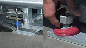 Side by side images, the left showing the process of drilling a hole into concrete to mount the Delta TL-2+ to the roadway, and the right showing a bolt being securely inserted into the hole with epoxy resin.