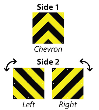 Delta Crash Cushion reversible object marker with Chevron, Right, and Left sheeting angles