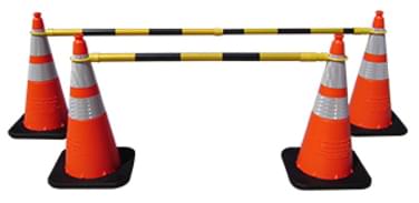 Four (4) 28" Enviro-Cones with Two (2) Black and Yellow 4' - 6.5' Retractable Cone Bar (#15046A-CBYB)
