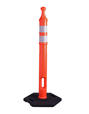 Durable delineator post with 12lb. recycled rubber base which can be easily moved to delineate pedestrian and vehicle traffic.