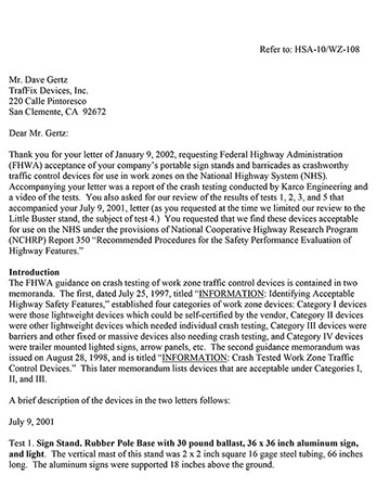 Cover image of the Phoenix Portable Sign Stand NCHRP 350 Safety Eligibility Letter WZ-108, Revision  (#WZ-108)