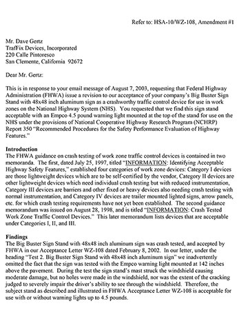 Cover image of the Phoenix Portable Sign Stand NCHRP 350 Safety Eligibility Letter WZ-108a, Revision  (#WZ-108a)