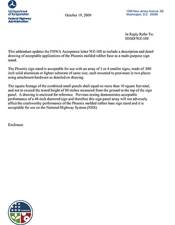 Cover image of the Phoenix Portable Sign Stand NCHRP 350 Safety Eligibility Letter WZ-108b, Revision  (#WZ-108b)