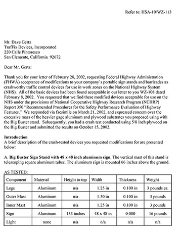 Cover image of the Phoenix Portable Sign Stand NCHRP 350 Safety Eligibility Letter WZ-113, Revision  (#WZ-113)