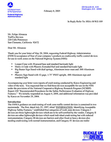 Cover image of the Phoenix Portable Sign Stand NCHRP 350 Safety Eligibility Letter WZ-189, Revision  (#WZ-189)