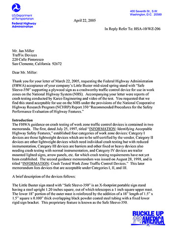 Cover image of the TrafFix Sign Stand NCHRP 350 Safety Eligibility Letter WZ-206, Revision  (#WZ-206)