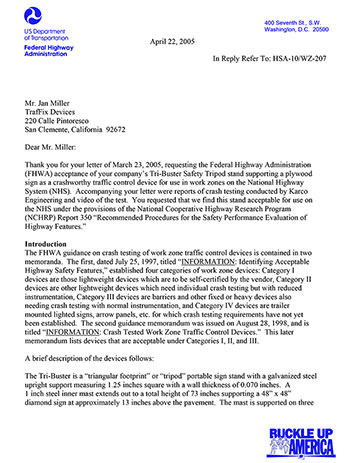 Cover image of the TrafFix Sign Stand NCHRP 350 Safety Eligibility Letter WZ-207, Revision  (#WZ-207)