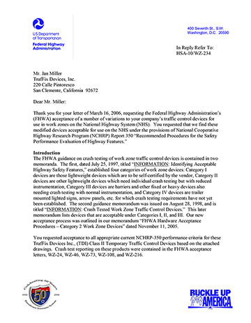 Cover image of the Phoenix Portable Sign Stand NCHRP 350 Safety Eligibility Letter WZ-234, Revision  (#WZ-234)