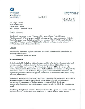 Cover image of the Aluminum Buster Sign Stand MASH Safety Eligibility Letter WZ-335, Revision  (#WZ-335)
