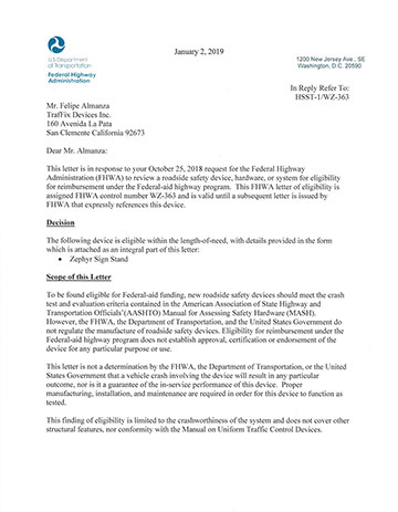 Cover image of the WZ-363 Sign Stand MASH Safety Eligibility Letter Zephyr Sign Stand, Revision  (#WZ-363)