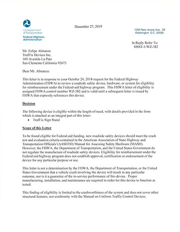 Cover image of the TrafFix Sign Stand MASH Safety Eligibility Letter WZ-382, Revision  (#WZ-382)