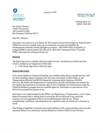 Cover image of the Little Buster Sign Stand MASH Safety Eligibility Letter WZ-383, Revision  (#WZ-383)