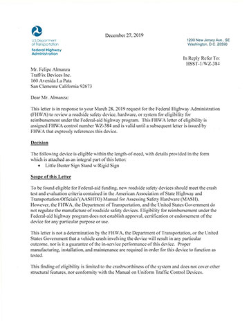 Cover image of the Little Buster Sign Stand MASH Safety Eligibility Letter WZ-384, Revision  (#WZ-384)