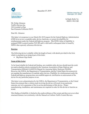 Cover image of the Big Buster Sign Stand MASH Safety Eligibility Letter WZ-385, Revision  (#WZ-385)