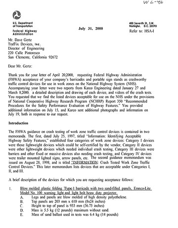 Cover image of the Zephyr Portable Sign Stand NCHRP 350 Safety Eligibility Letter WZ-46, Revision  (#WZ-46)