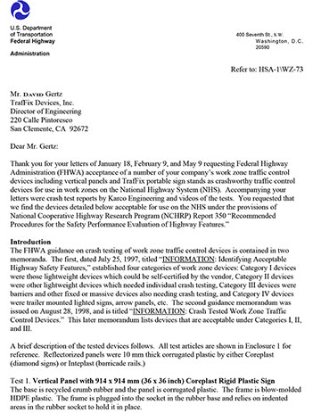 Cover image of the Zephyr Portable Sign Stand NCHRP 350 Safety Eligibility Letter WZ-73, Revision  (#WZ-73)