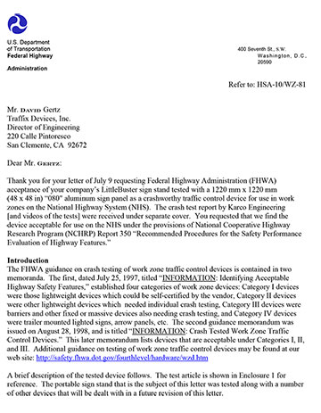 Cover image of the Little Buster Sign Stand NCHRP 350 Safety Eligibility Letter WZ-81, Revision  (#WZ-81)