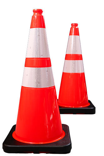 7lb. and 10lb. 28" TrafFix PVC Cones arranged front to back both with one (1) 6" and one (1) 4" reflective collars. (#15028-HIWB-T24-7 & #15028-HIWB-T24-10)