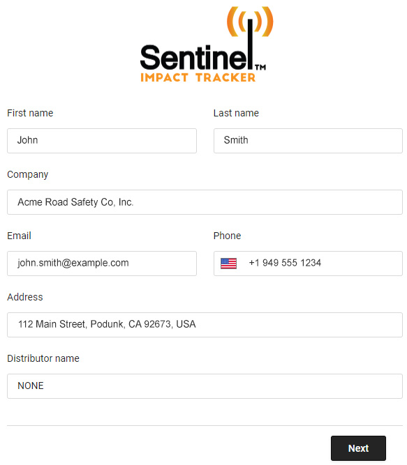 Screenshot of the Sentinel sign up form showing the Sentinel Impact Tracker logo and example information in form fields.