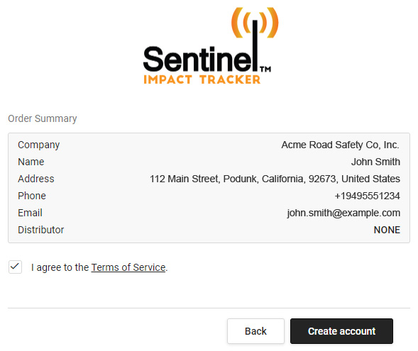Screenshot of the Sentinel sign up review form allowing customers to review their sign up information before submission.