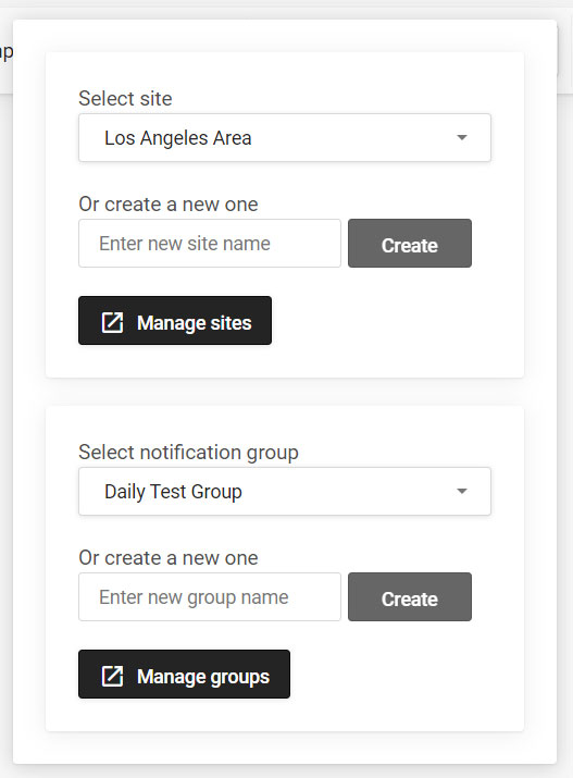 Sentinel Use Group and Site menu