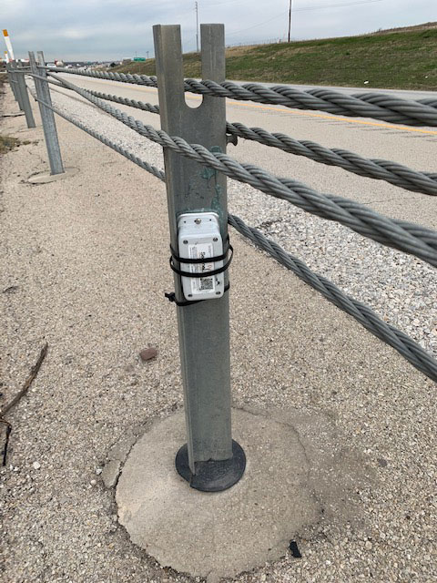 Close up view of the Sentinel Impact Tracking installation location on a cable barrier
