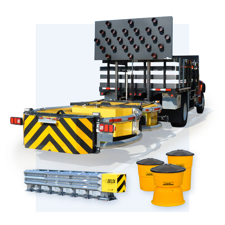 A collage showing the Impact Attenuation and Crash Cushion products offered by TrafFix Devices: TrafFix Scorpion II Truck Mounted Attenuator, Delta Intelligent Crash Cushion, and Big Sandy Sand Barrels.