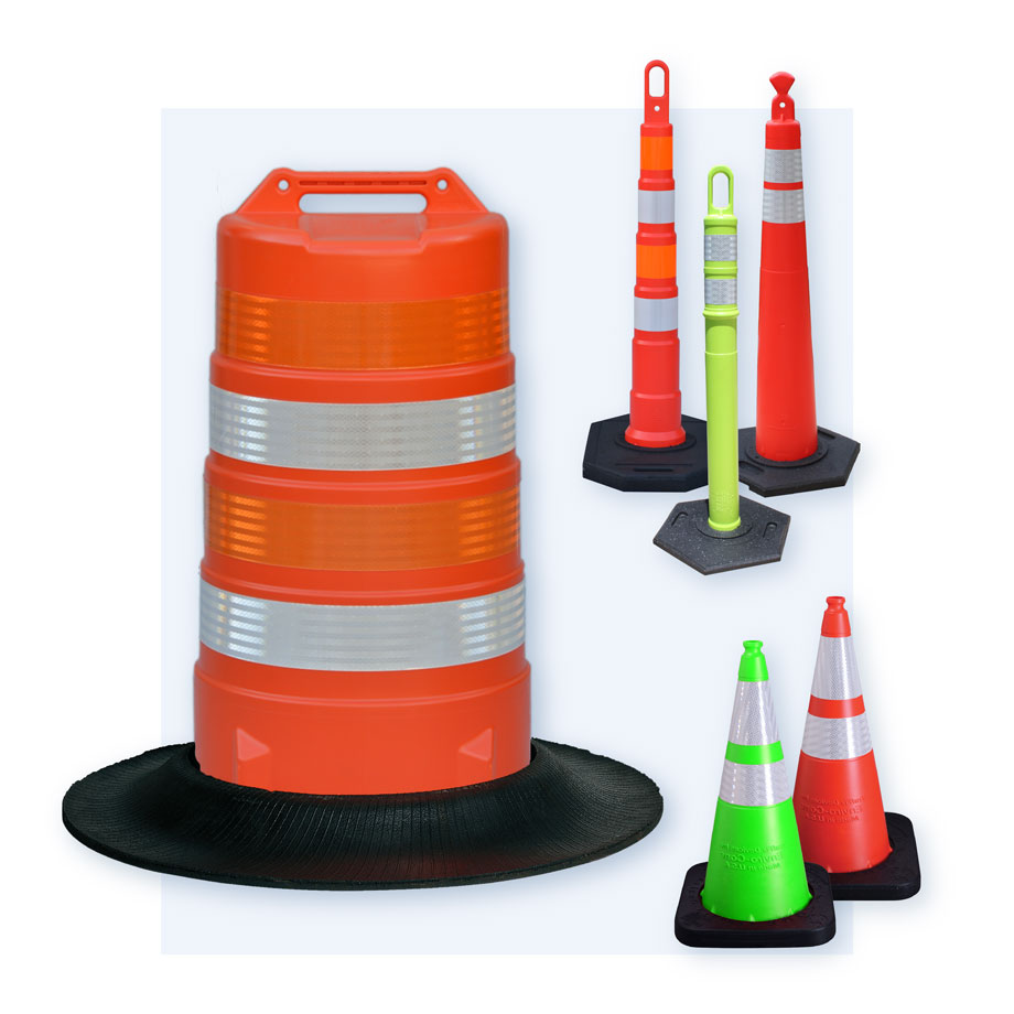 A collage showing the Channelizing and Delineation products offered by TrafFix Devices: TrafFix Channelizer Drum, Grabber & Looper Cones & Tubes, and the Enviro-Cone.