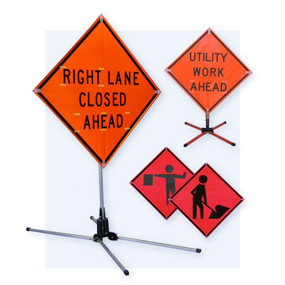 A collage showing the Roll-Up Signs and Sign Stand products offered by TrafFix Devices: Reflective and Non-Reflective Roll-Up Signs, Little Buster Sign Stand, and Zephyr Portable Sign Stand.