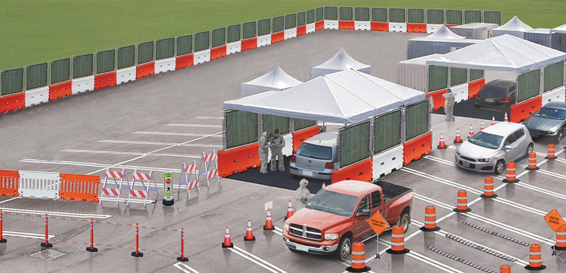 Artists rendition of a Safe Space for drive-thru medical testing using various products from TrafFix Devices, including TrafFix Water-Wall, TrafFix Water-Wall Fence, and TrafFix Alert High Speed Rumble Strips.