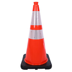 The 7lb. 28" TrafFix PVC Cone with one (1) 4" & one (1) 6" High Intensity Prismatic sheeting collars is injection molded from durable PVC in fade resistant fluorescent orange.