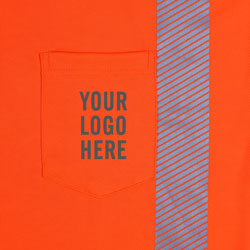Left chest pocket on the TrafFix Devices Orange Reflective HydroSport Long Sleeve T-Shirt. Easily customizable with your Company Logo and Branding (#9413P-FO-3510).