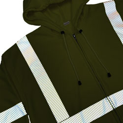 A night time view of the Lime High Visibility Hooded Zipper Sweatshirt made from 10.2 oz Fleece with 3M Scotchlite FR Comfort Trim reflective material (#9753-LY-3510)