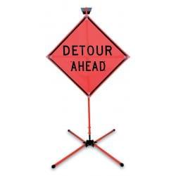 Econo Buster Sign Stand with 36" × 36" roll-up sign (Detour Ahead).