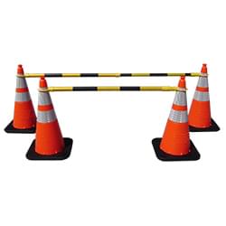 4' - 6.5' Black and Yellow Retractable Cone Bars (#15046A-CBYB) with 4x 28" Enviro-Cone construction cones.