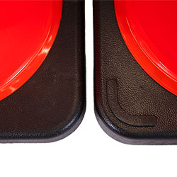 Side by side comparison of the 7 lb. [left] and 10 lb. [right] TrafFix PVC cones showing the difference in design of the rugged base.