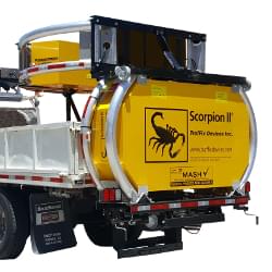The Scorpion II Truck Mounted Attenuator (TMA), Model C, in the Travel/Storage position.